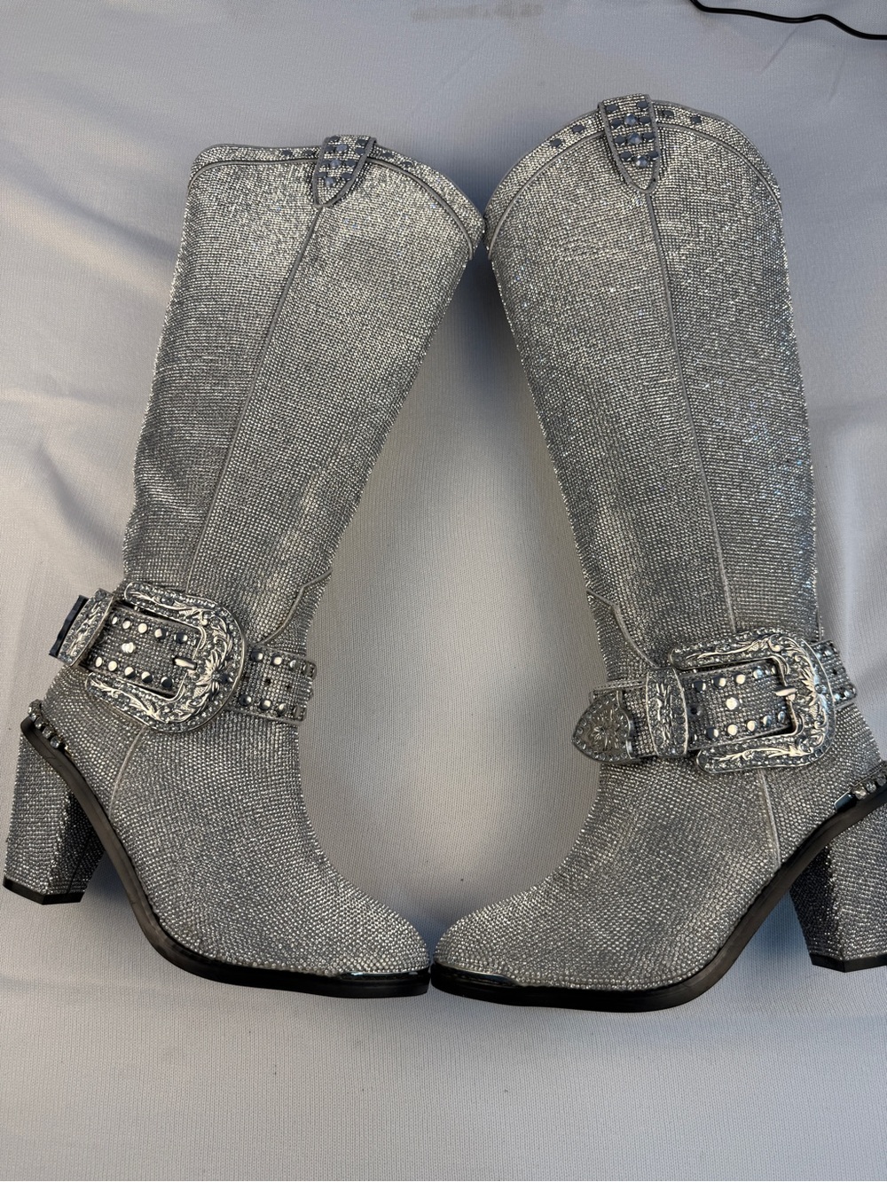 Dolls Kill Silver Rhinestone Mid-Calf Heeled Boots